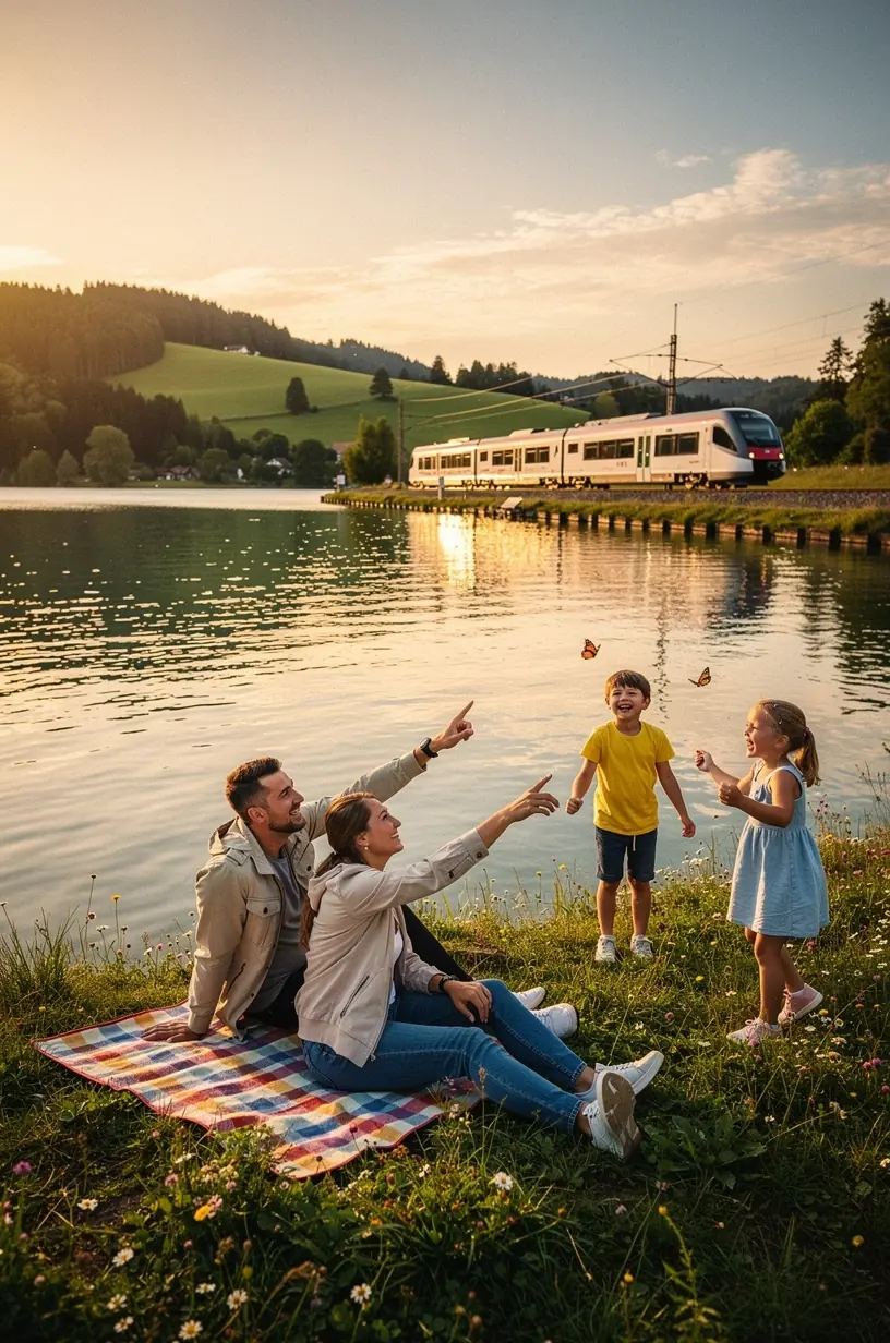 Tourist genießt Ausblick auf ruhigen See und umliegende Natur vom Zugfenster aus.